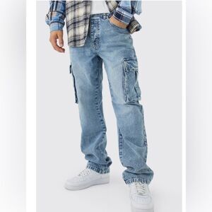 Boohoo MAN Relaxed Rigid Cargo Jeans Size 30 Light Blue Streetware Hipster